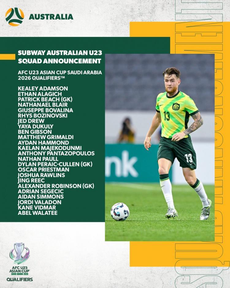 开云官网-北青：澳大利亚U22队24人名单有4人旅欧，澳超金靴值得重点提防